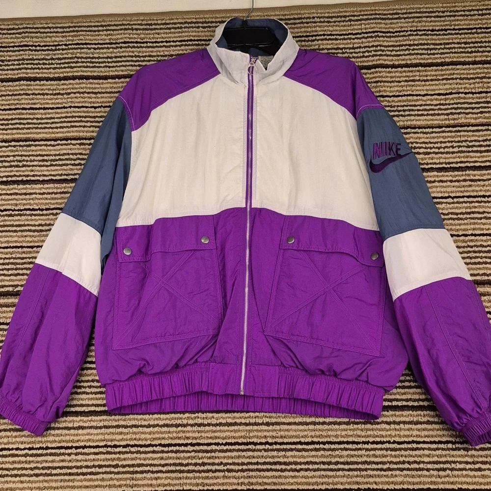 NIKE White Purple Grey Block Thailand Nylon Mens Sz L Windbreaker Jacket VTG 90s